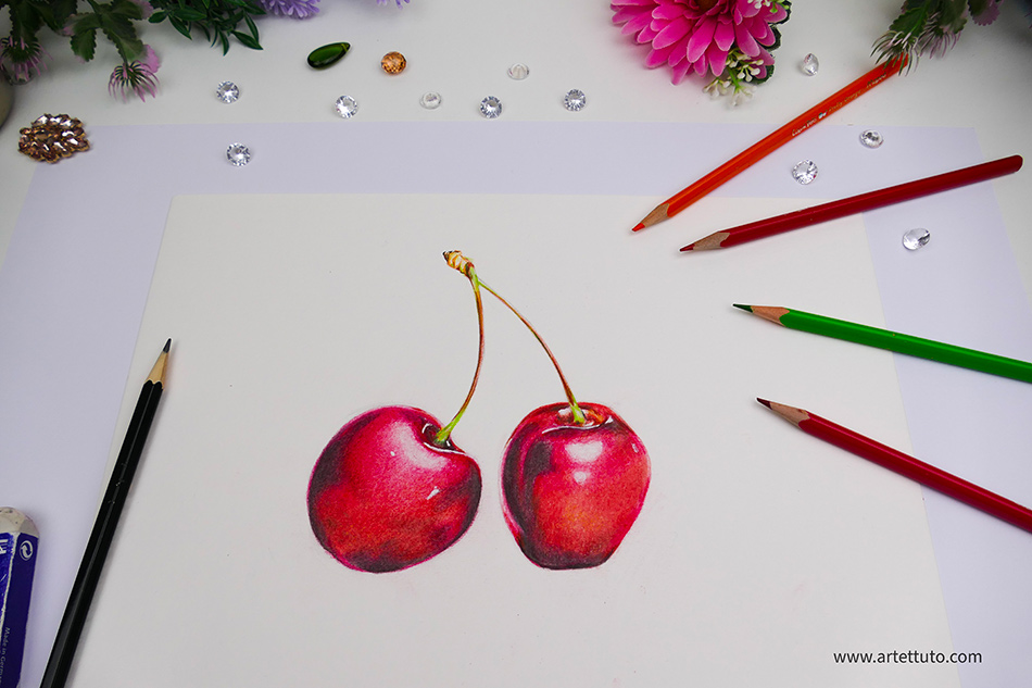 dessin realiste de cerises aux crayons de couleur ecoliers