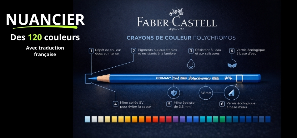 Nuancier complet des 120 couleurs Polychromos Faber-Castell