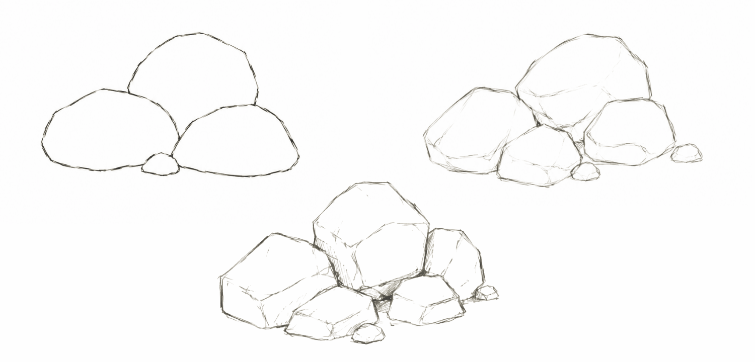 Étapes de construction de rochers au pastel à l'huile à partir de formes simples et irrégulières.