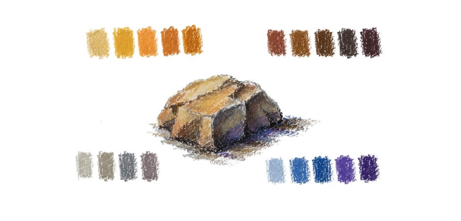 Palette de couleurs utilisée pour peindre des rochers au pastel à l'huile avec des ocres, des bruns, des gris colorés ainsi que des bleus et violets dans les ombres.
