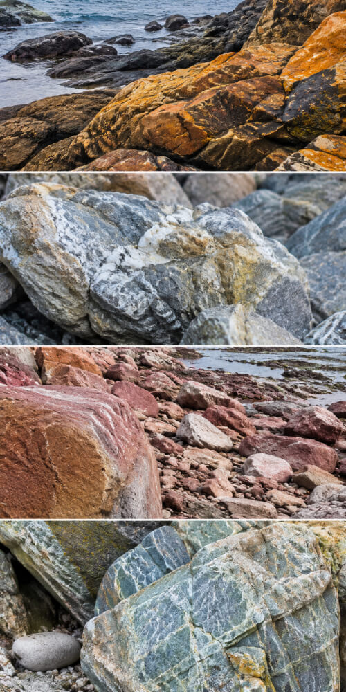 Exemples de rochers au bord de mer illustrant les différentes couleurs présentes dans la nature.