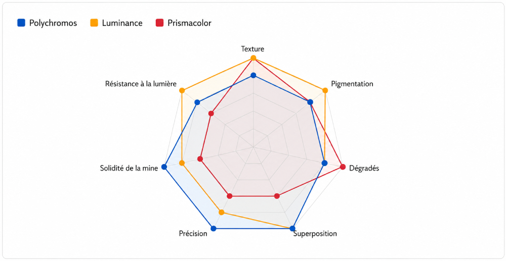 Comparatif des crayons de couleur Polychromos, Luminance et Prismacolor